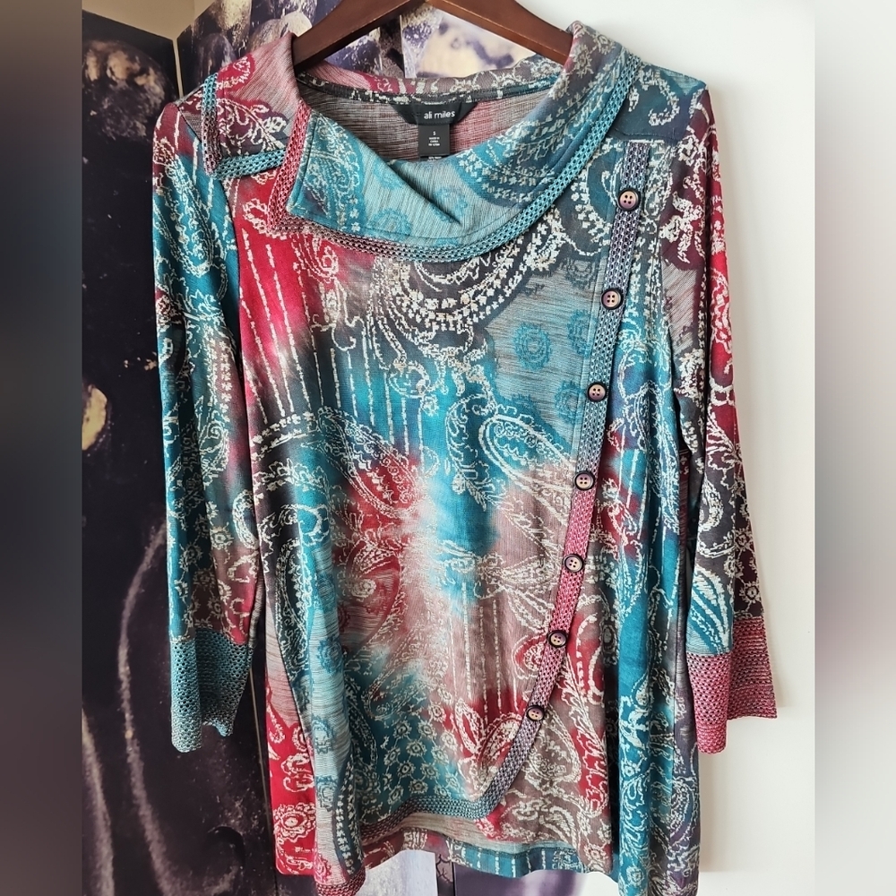 ALI MILES Women's Cowl Neck Soft‎ Rayon Blend Paisley Design Stitch Trim Top S